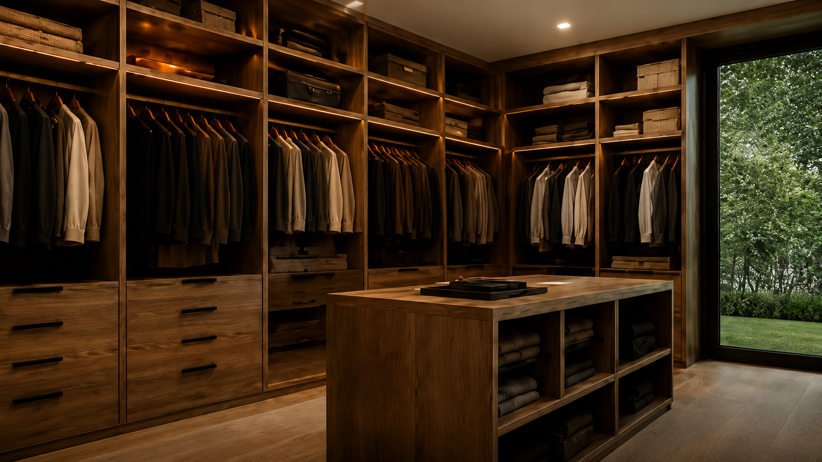 Guarda-roupa planejado de madeira em um closet